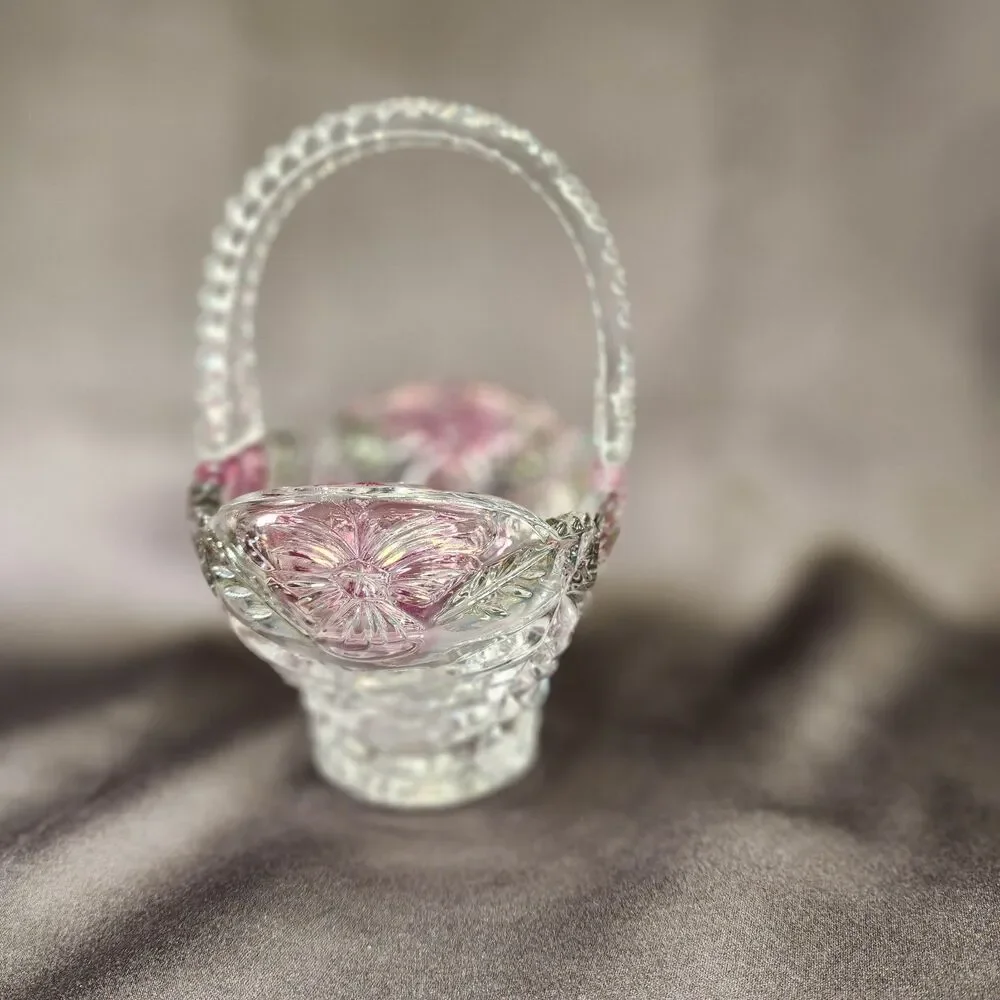 Vtg Anna Hutte Bleikristall Crystal basket Pink flowers  7